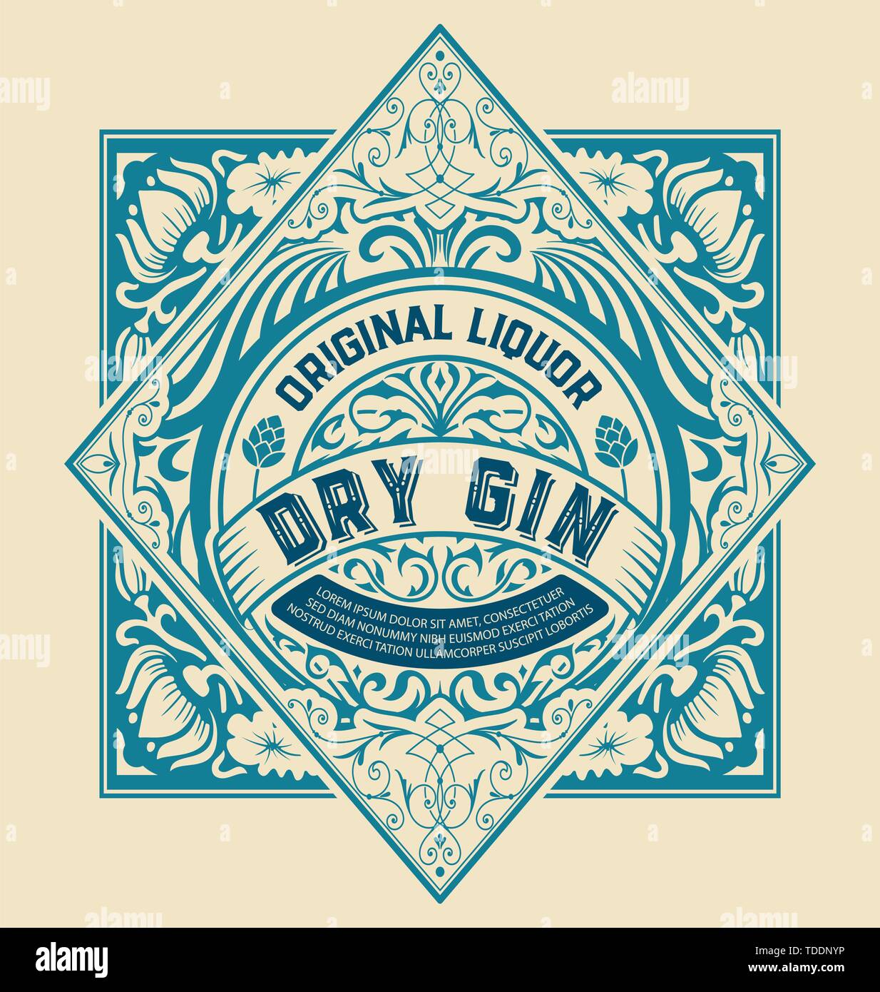 Gin label for packing with floral ornaments Stock Vector