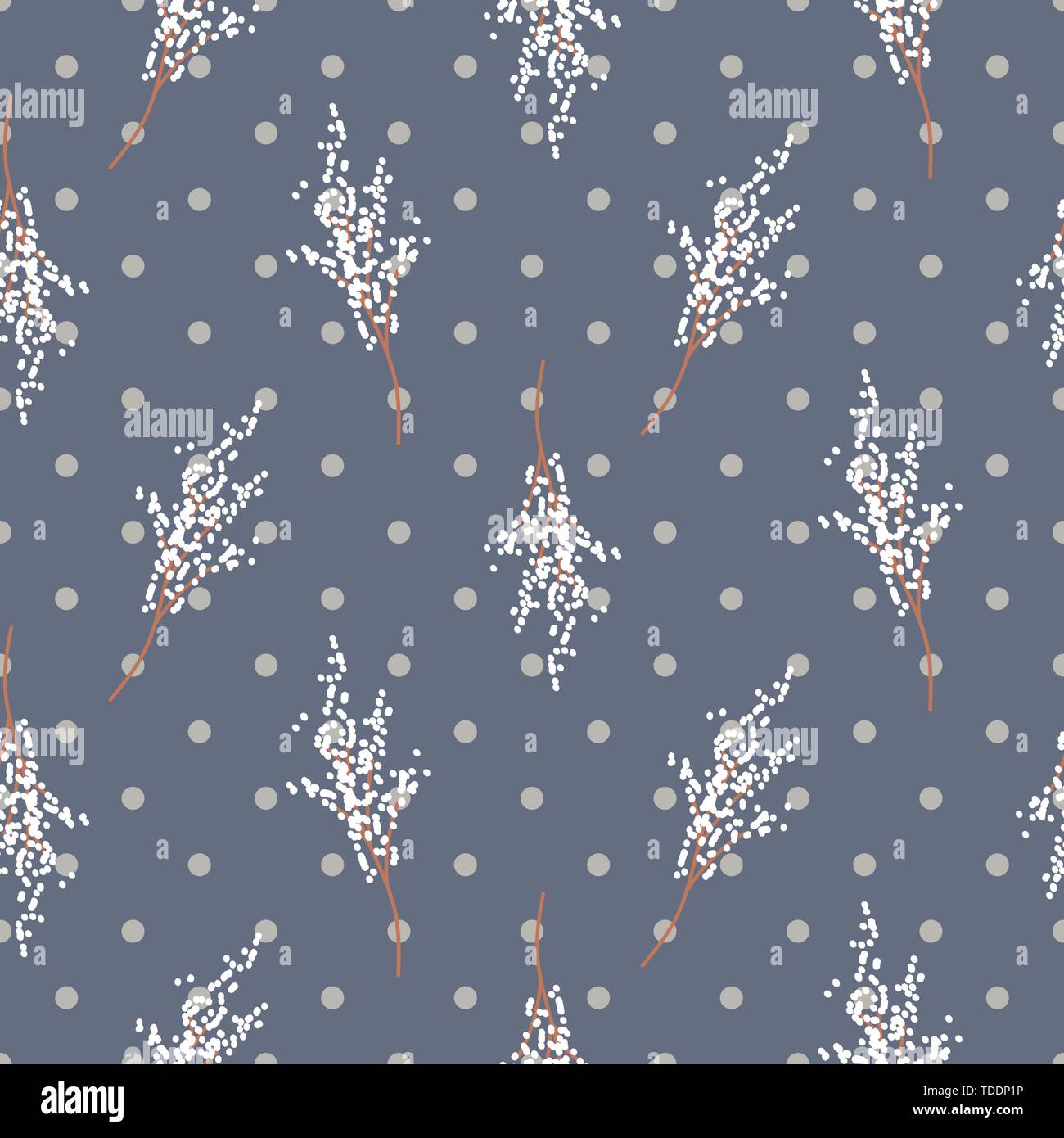 Bird cherry tree branches seamless polka dot blue pattern vector design. Stock Vector