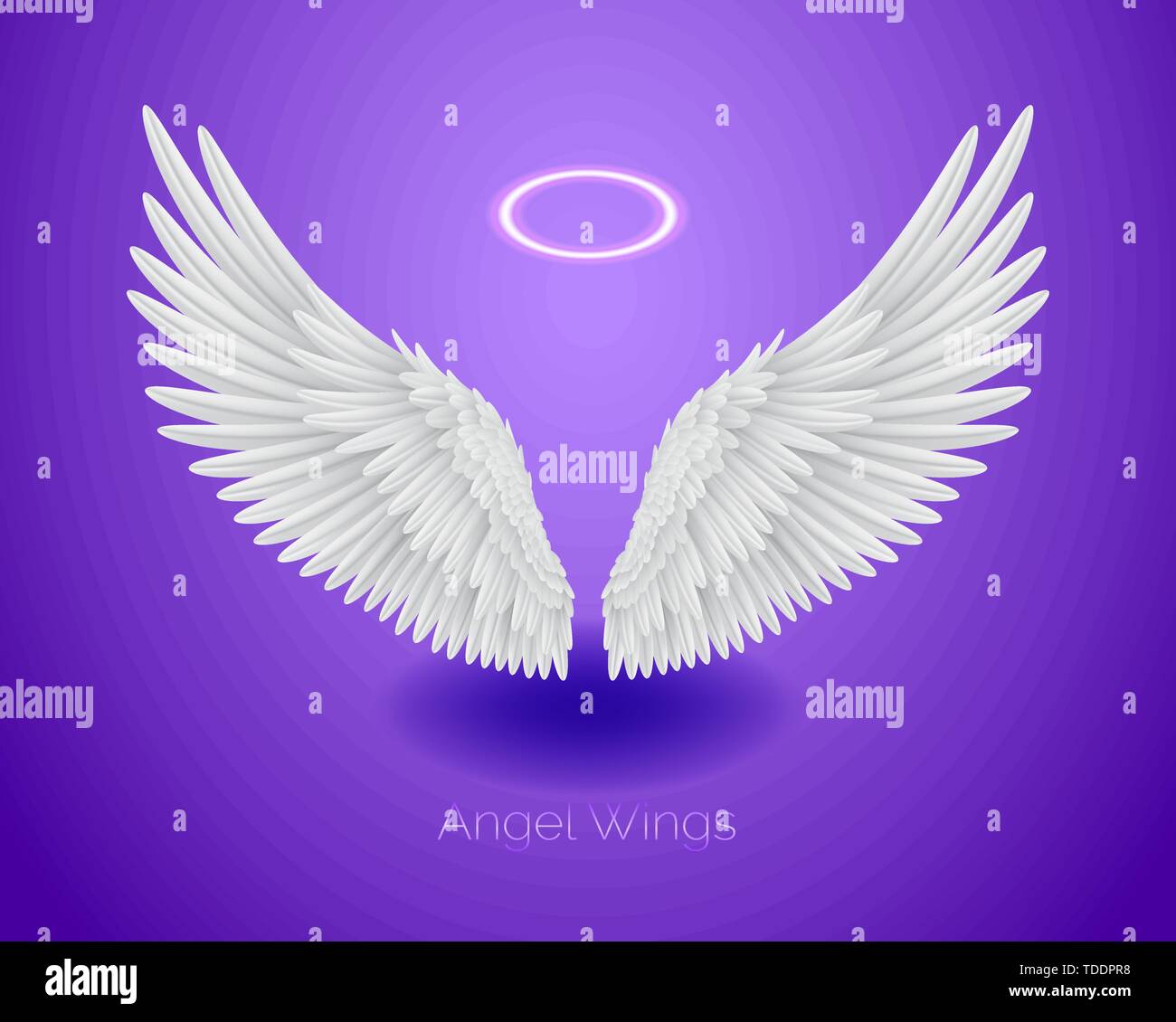 White angel wings and shining nimbus, realistic feathers Stock Vector