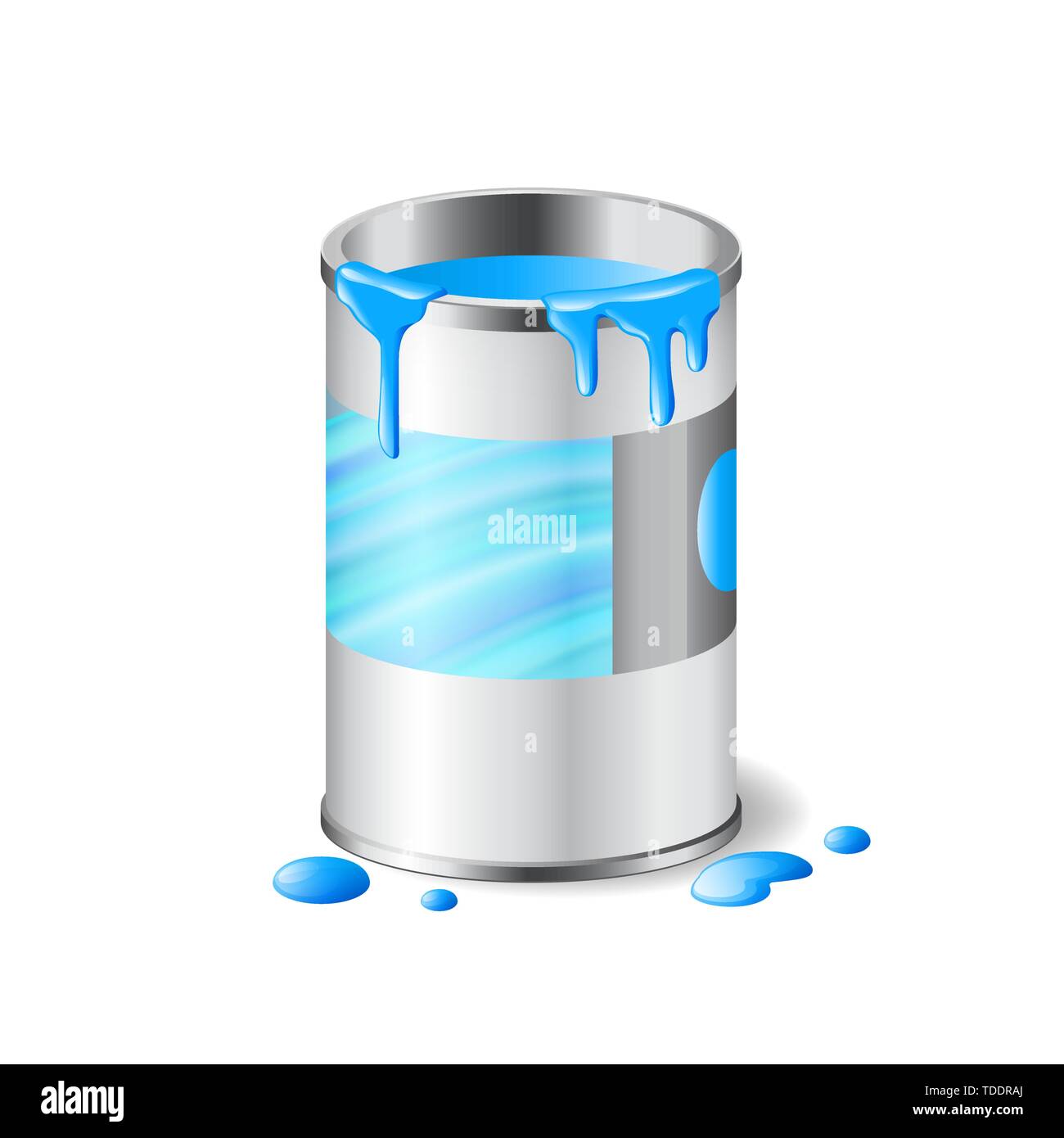 Open metal can of blue paint with drops isolated Stock Vector