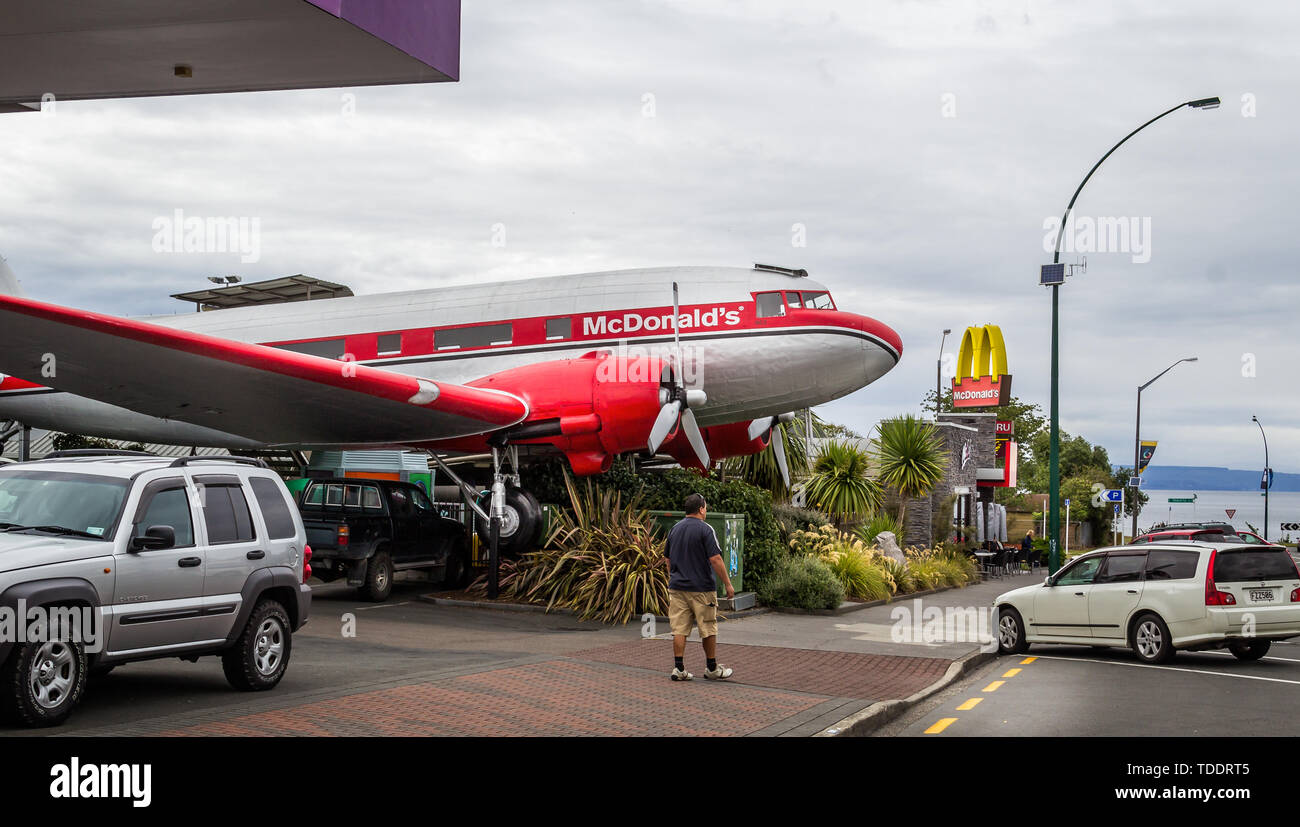 Douglas DC3 aircraft, part of the McDonalds restaurant, in Taupo, New Zealand on 28 February 2012 Stock Photo