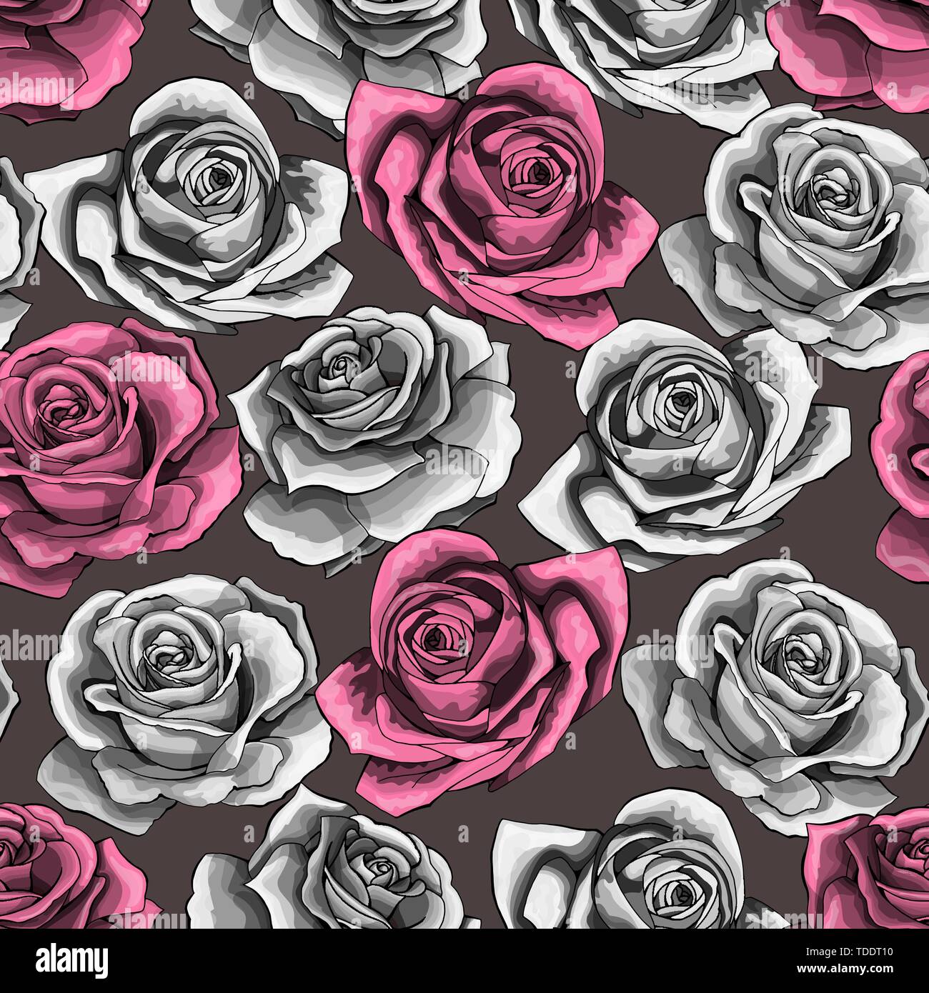 Vector vintage hand drawn rose flower blossom blooming seamless pattern ...