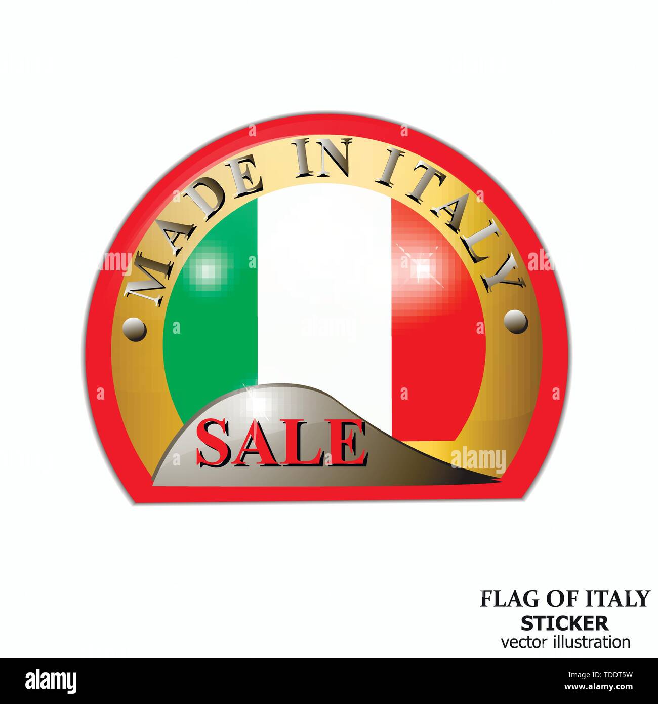 Made in Italy sticker. Bright sticker sale with italian flag. Happy Italy day button. Sticker with flag of Italy. Illustration. Stock Vector