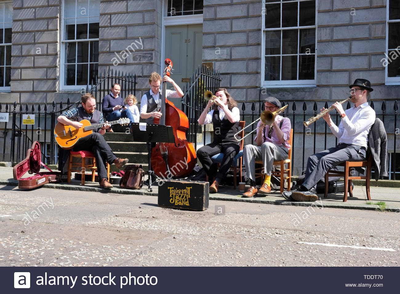 Tenement Jazz band performing outdoors at the West End Classic Vehicle Event, Edinburgh, Scotland Stock Photo