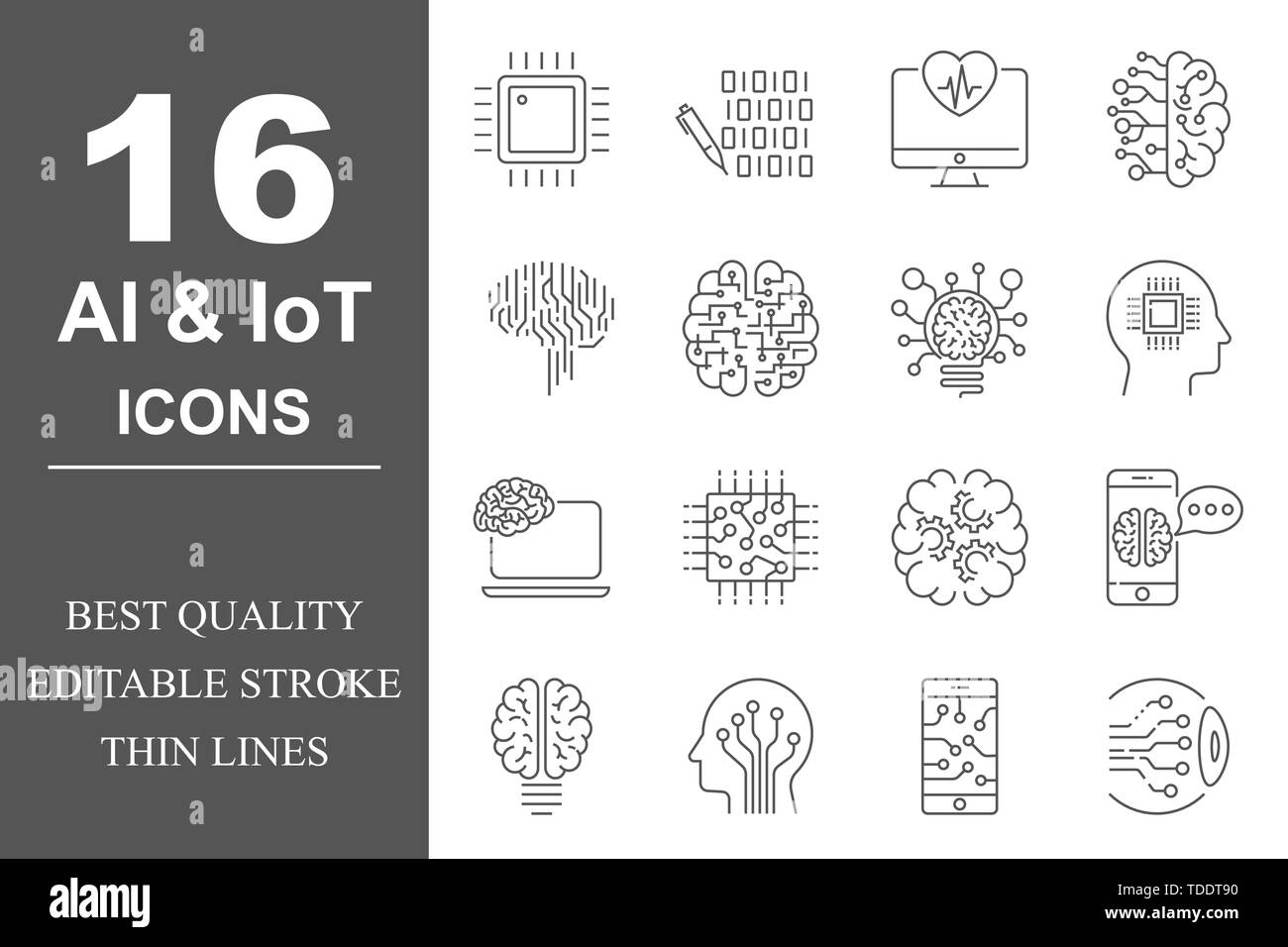 Simple set of Artificial Intelligence related vector line icons. Contains such icons as AI Processor, Cyborg, Self-learning and more. Editable Stroke Stock Vector