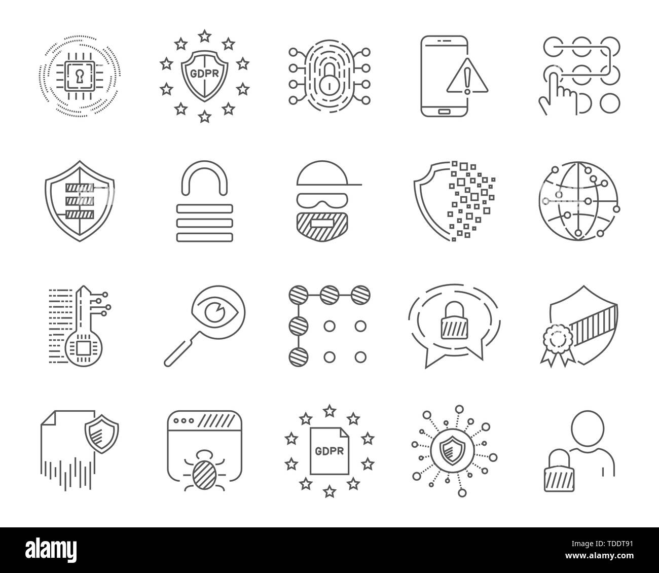 Data analytic, protection and social network icons set. Editable Stroke. EPS 10. Stock Vector