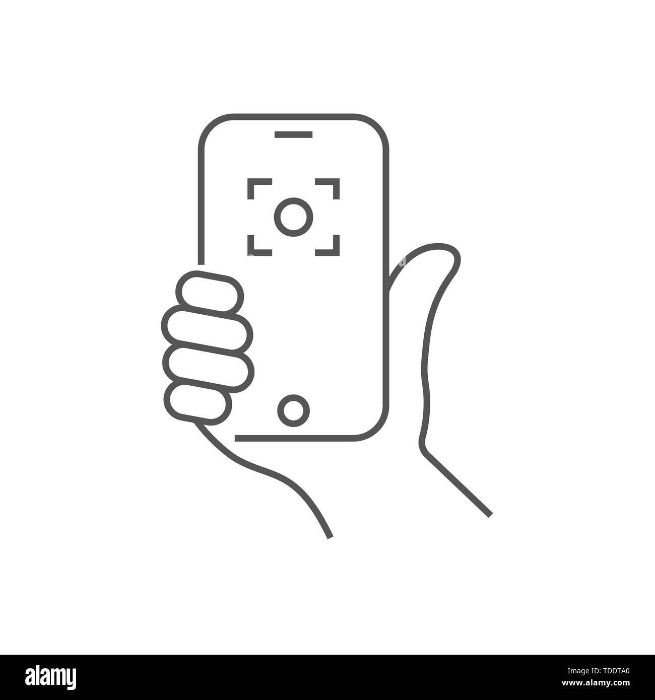Hand holding phone, selfie icon. Trendy icon selfie on smartphone. Vector illustration. Editable Stroke. EPS 10. Stock Vector