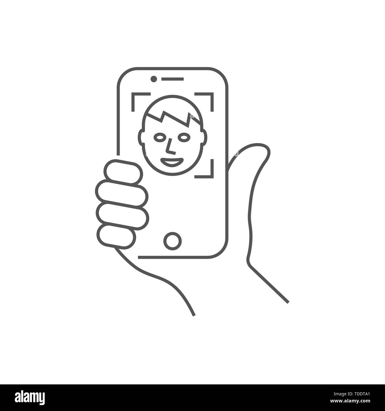 Hand holding a smartphone, vertical position. Self-portrait picture or face recognition. Vector illustration. Editable Stroke. EPS 10. Stock Vector