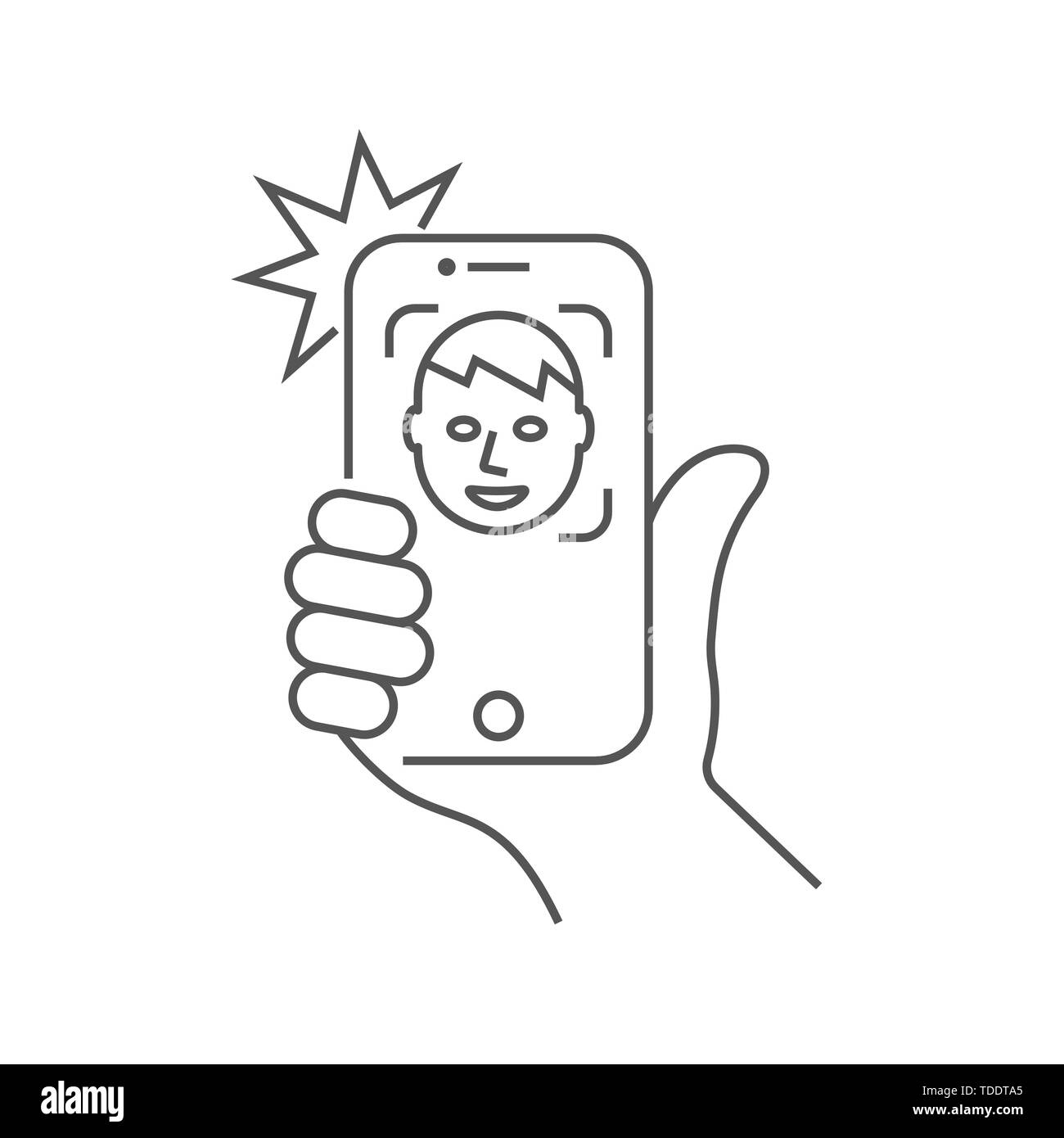 The hand hold the smartphone and doing selfie. Photo on smartphone. Editable Stroke. EPS 10 Stock Vector