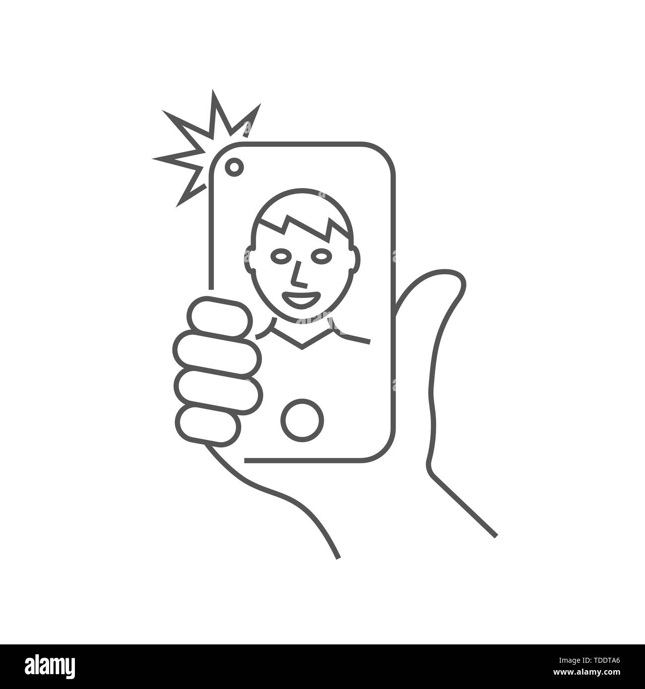 Hand is holding smartphone and the guy is taking a selfie. Editable Stroke. EPS 10. Stock Vector