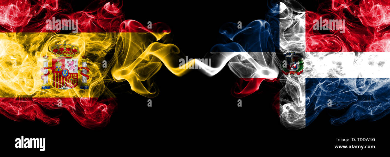 Spain vs Dominican Republic smoky mystic flags placed side by side ...