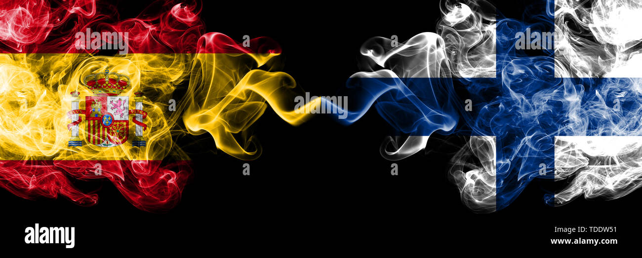 Spain vs Finland, FInnish smoky mystic flags placed side by side. Thick