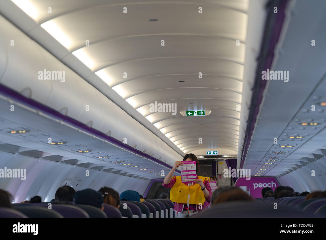 Airbus A320-200 aircraft cabin by Peach Aviation, a budget carrier based in Japan. Stock Photo