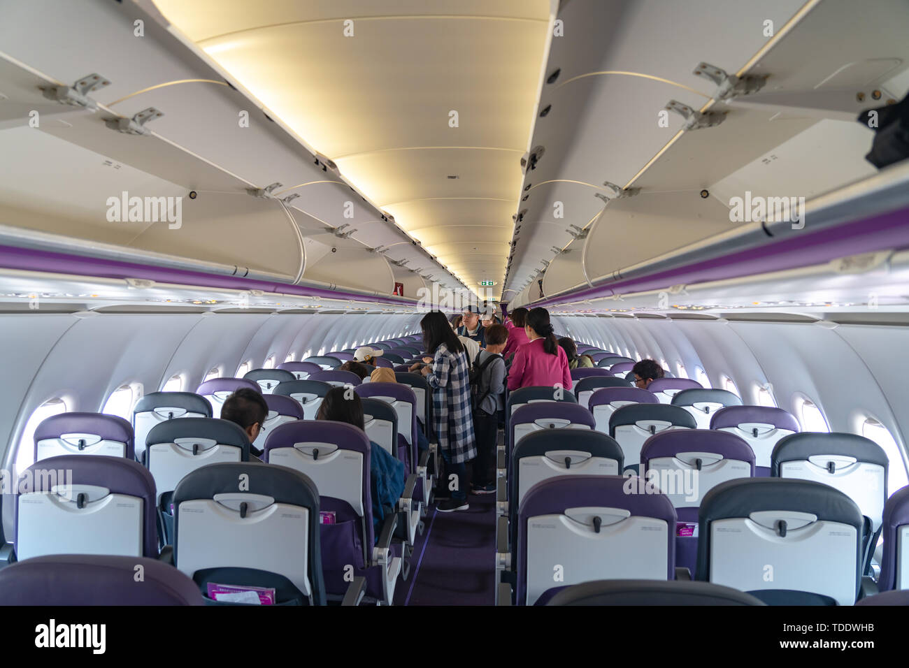 Airbus A320-200 aircraft cabin by Peach Aviation, a budget carrier based in Japan. Stock Photo