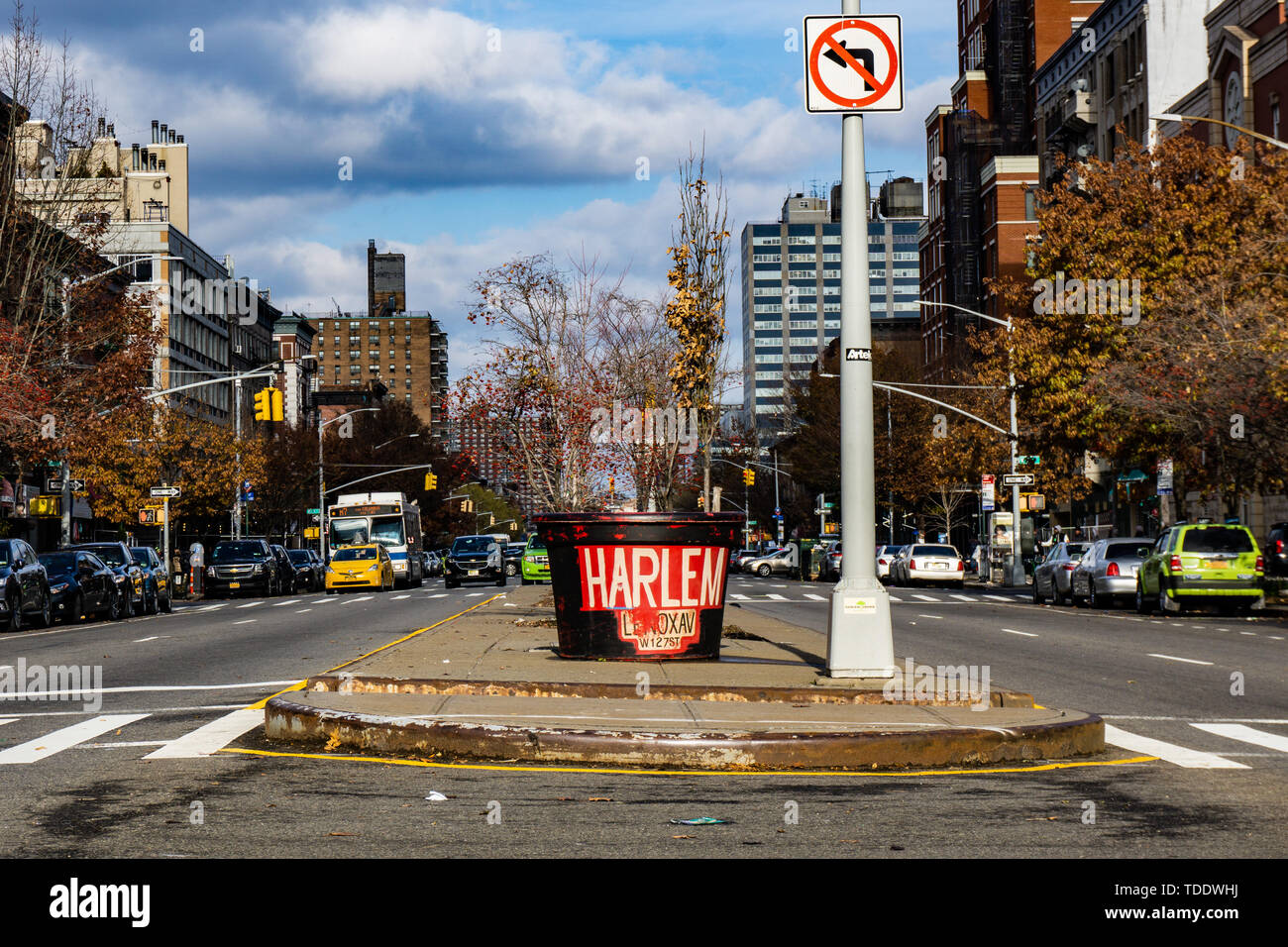 NEW YORK, USA - November 2018: Harlem main road with lettering Stock Photo