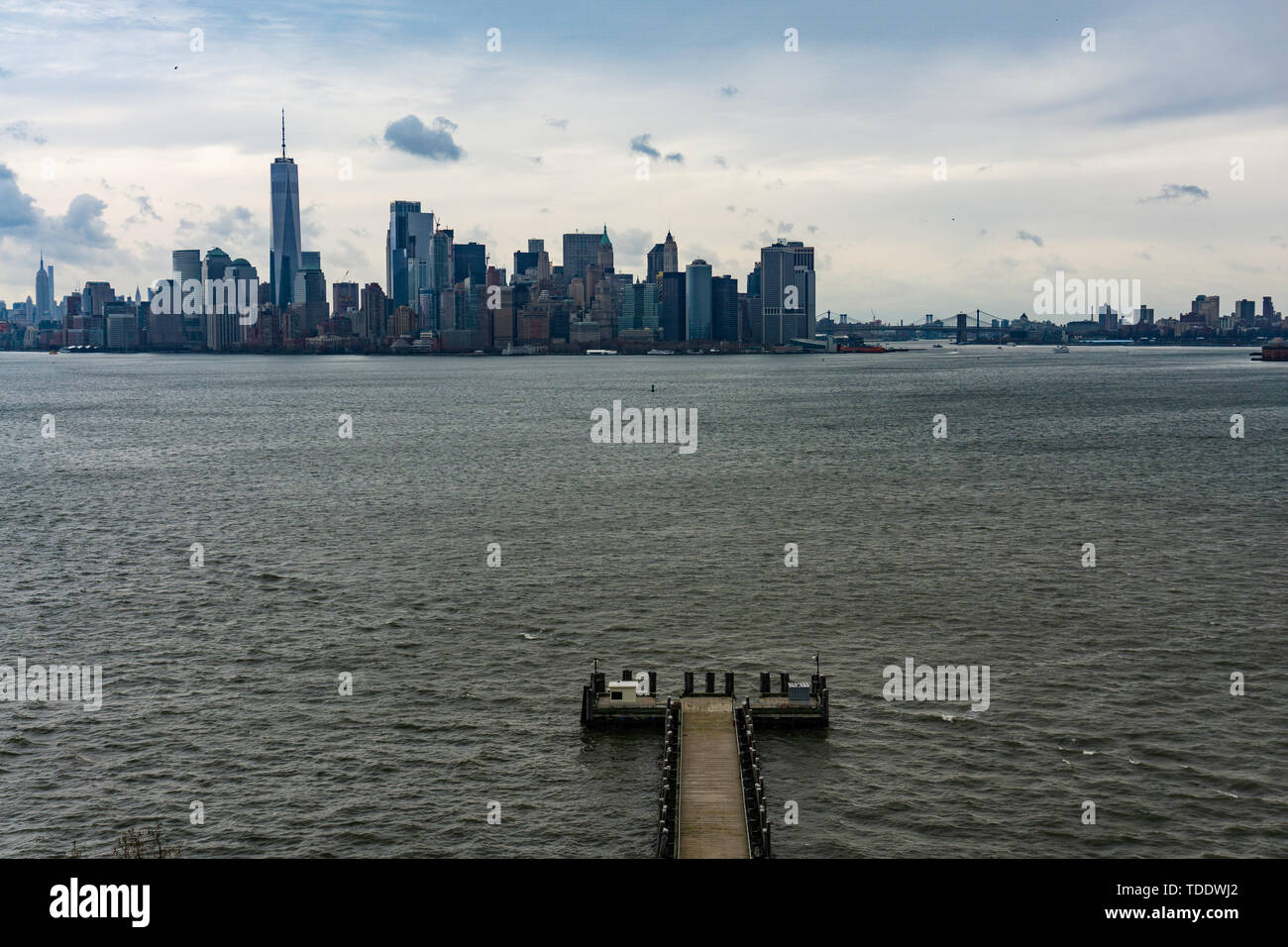 New York Manhattan Panorama from Statue of Liberty island Stock Photo