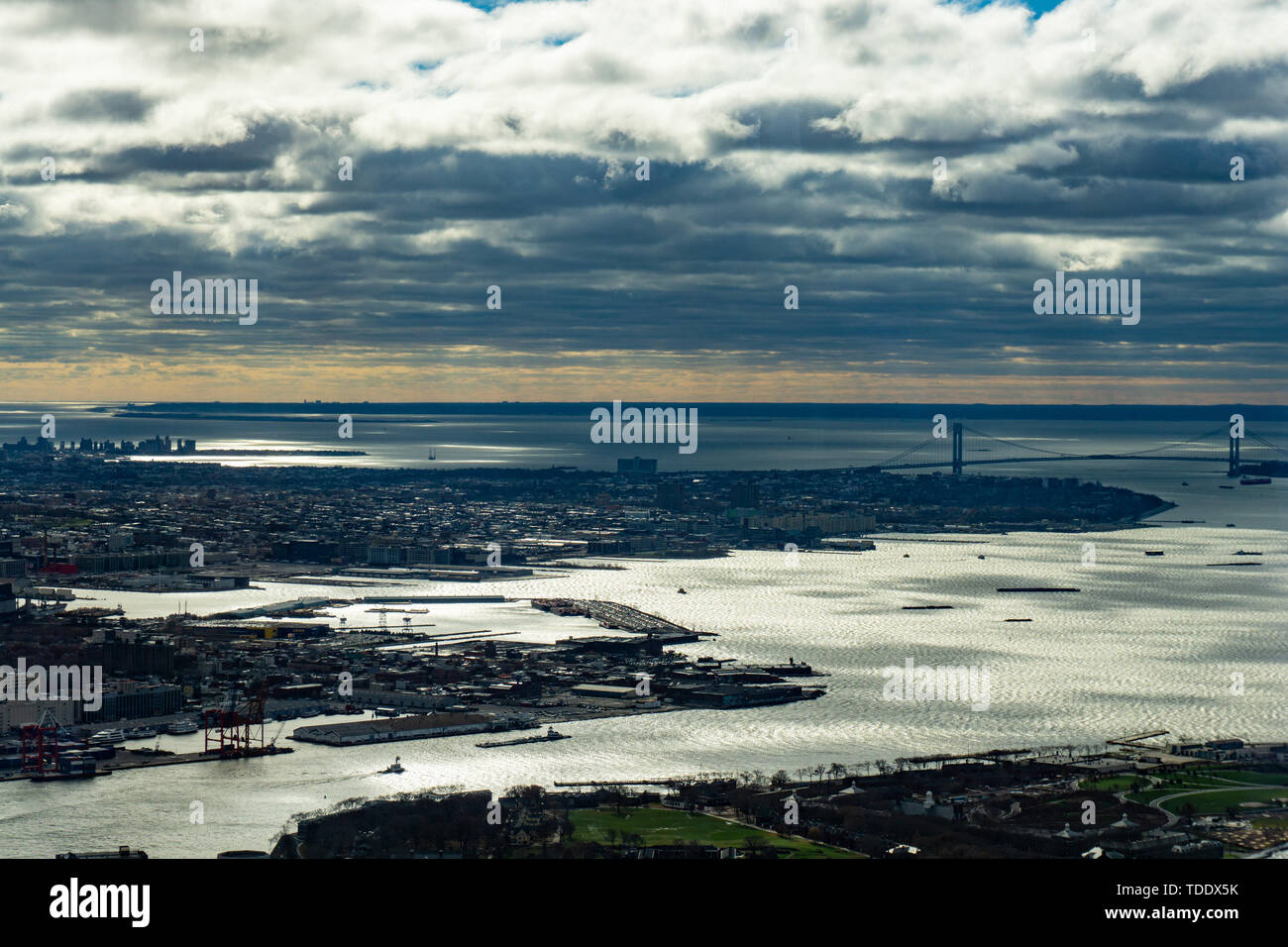 Aerial view of Manhattan skyline from the sky on a cloudy day, New York City. Stock Photo