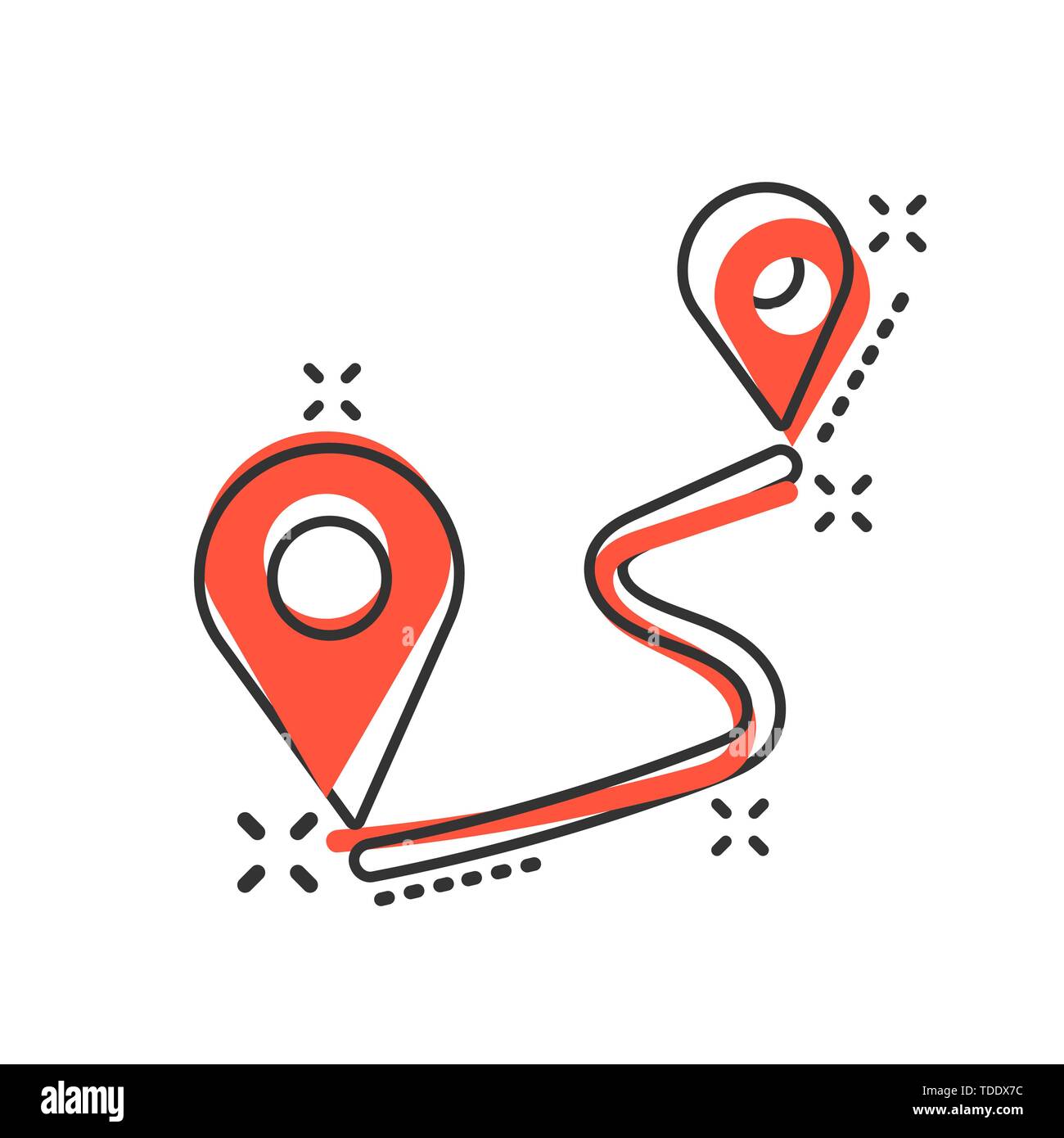 Distance pin icon in comic style. Gps navigation vector cartoon