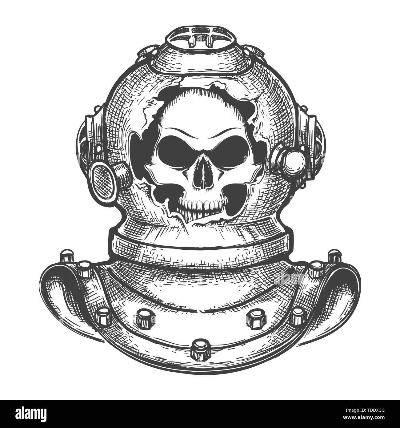 Human Skull into Broken Diving Helmet isolated on white. Vector Illustration. Stock Vector