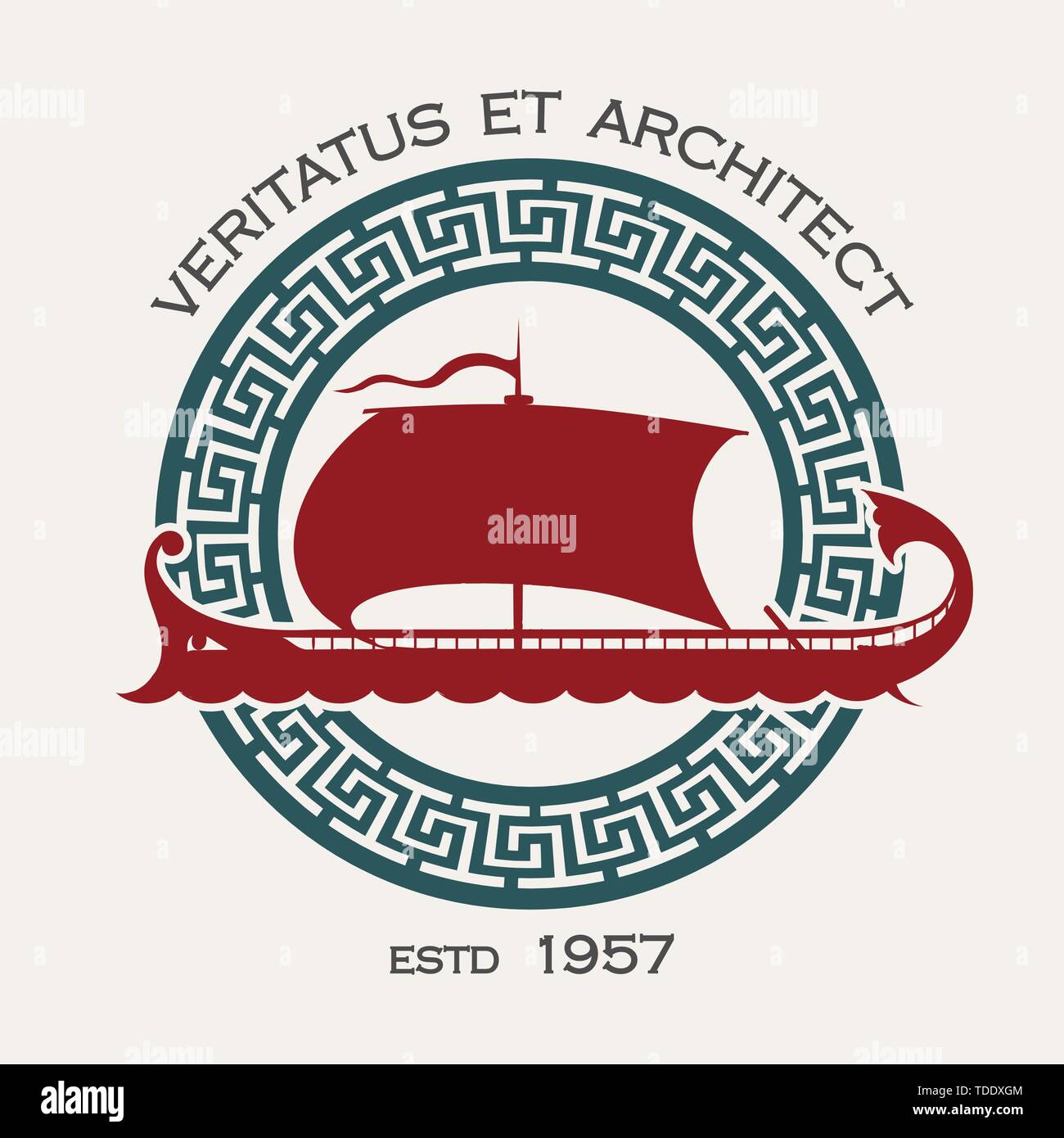 Docking or Shipyard Company Emblem with Ancient Greek ship Galley and meander Circle. Vector Illustration. Stock Vector