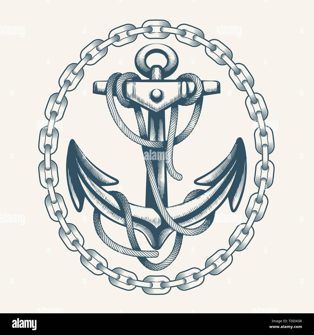Anchor with Ropes in Circle of Chains drawn in tattoo style. Vector Illustration. Stock Vector