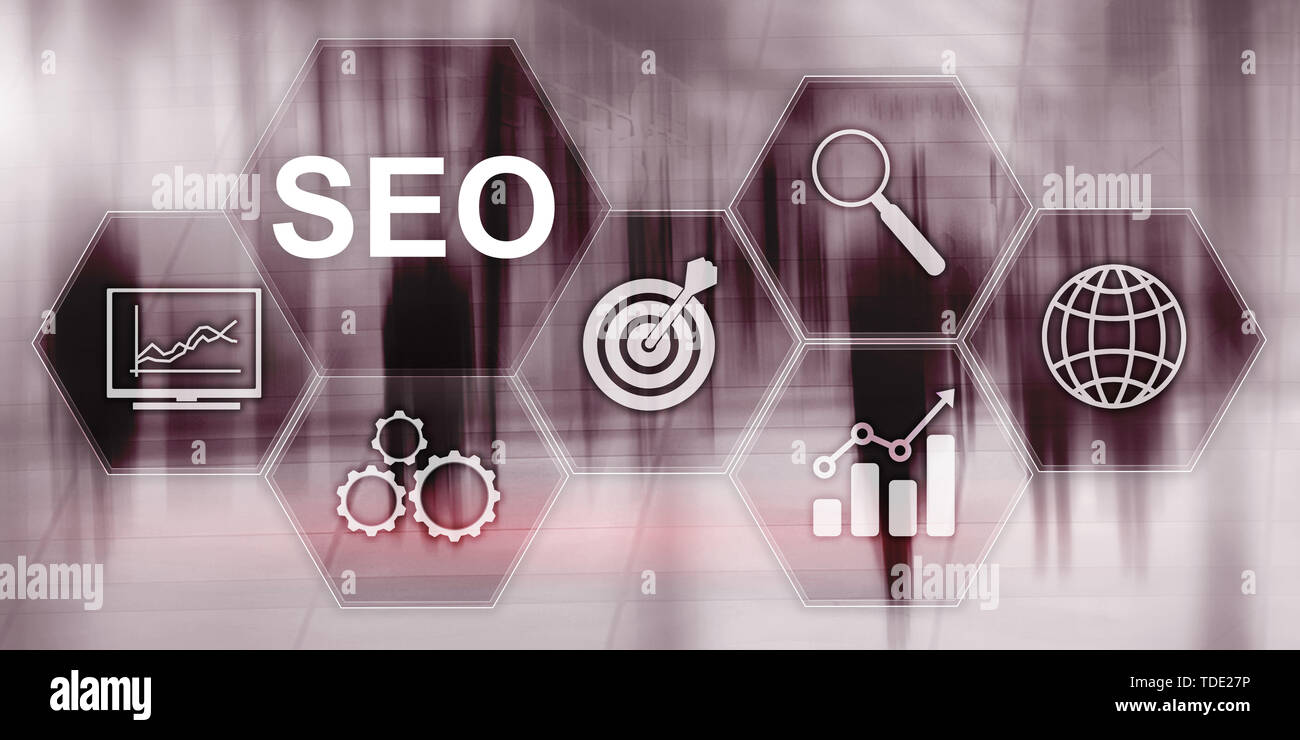 Searching Engine Optimizing SEO on abstract business background. Mixed media. Stock Photo