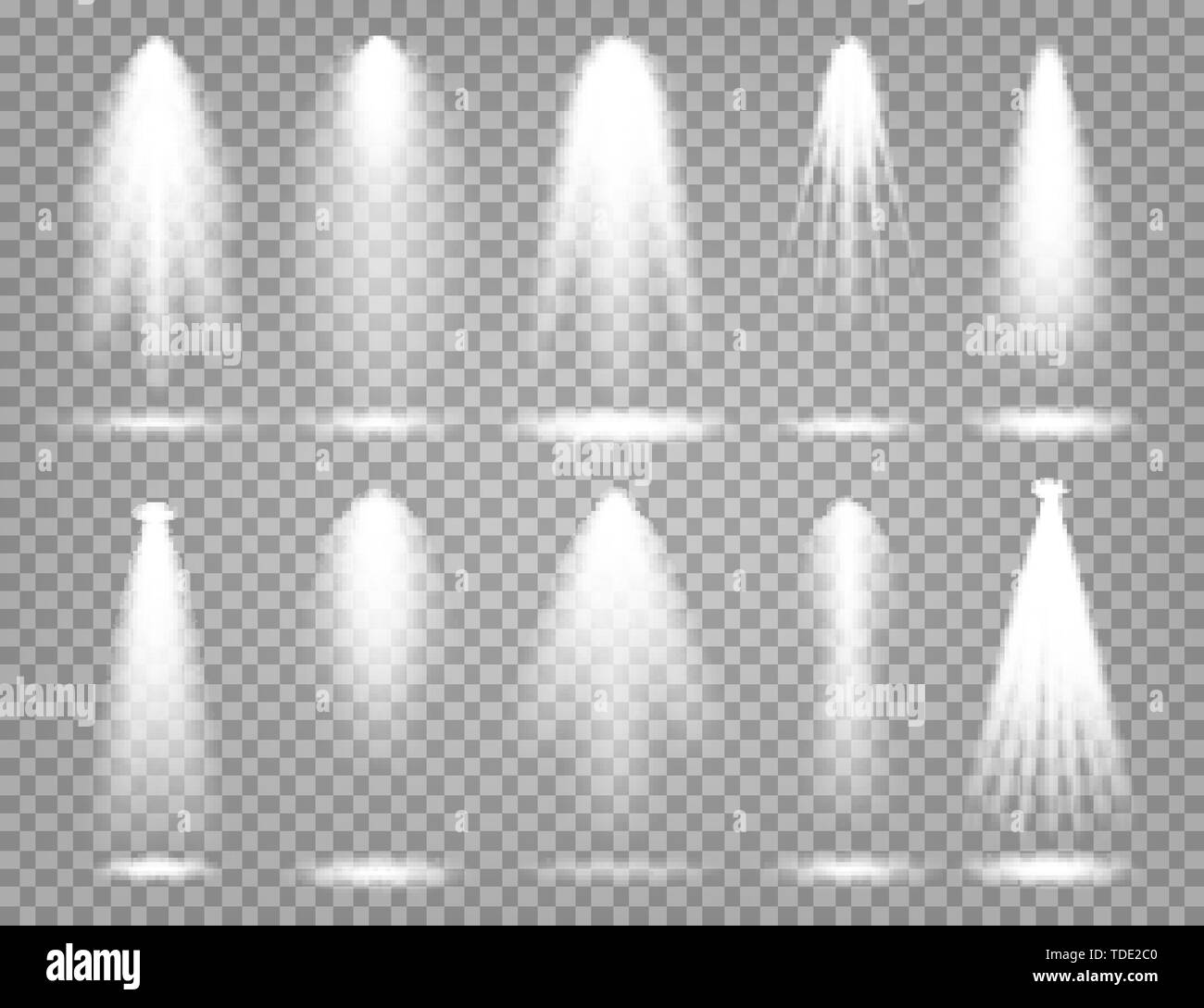 Vector spotlight set. Bright light beam. Transparent realistic effect. Stage lighting Stock