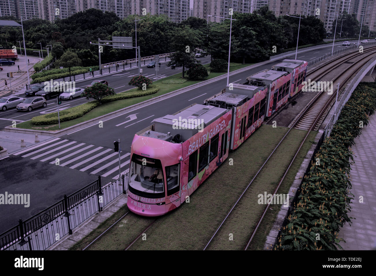 A man, a train, traveled all over a city. Stock Photo