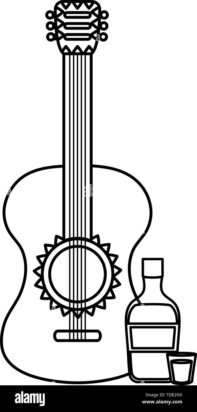 guitar instrument with tequila bottle vector illustration design Stock ...