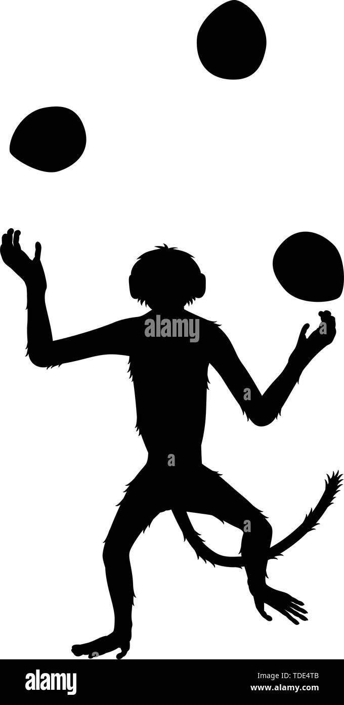Editable vector silhouette of a dancing monkey juggling three coconuts Stock Vector