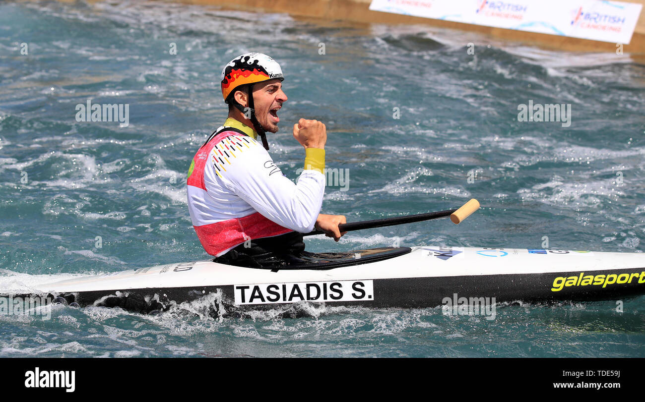Men's Canoe Gold Medalist Germany's Sideris Tasiadis celebrates victory during day two of the Canoe Slalom World Cup at Lee Valley White Water Centre, London. Stock Photo