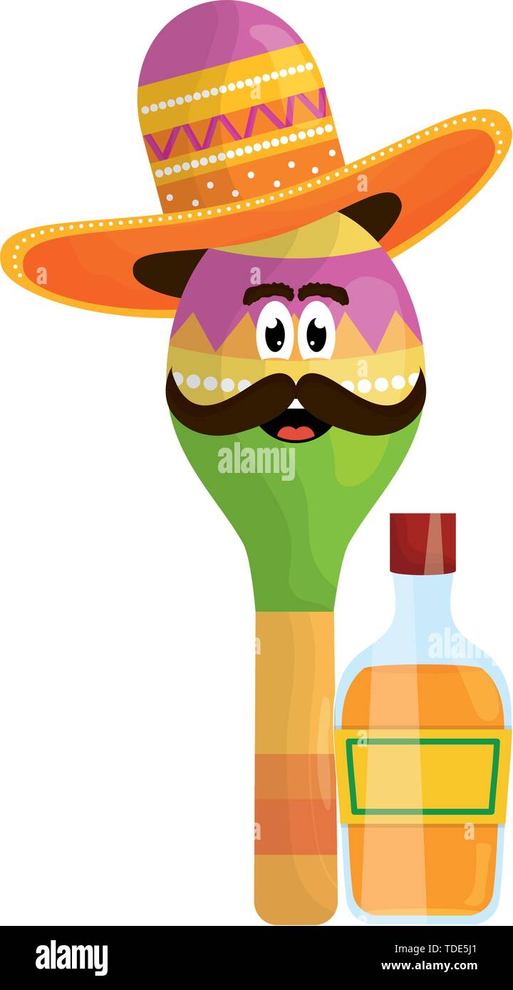 maraca with mexican hat character and tequila bottle vector ...