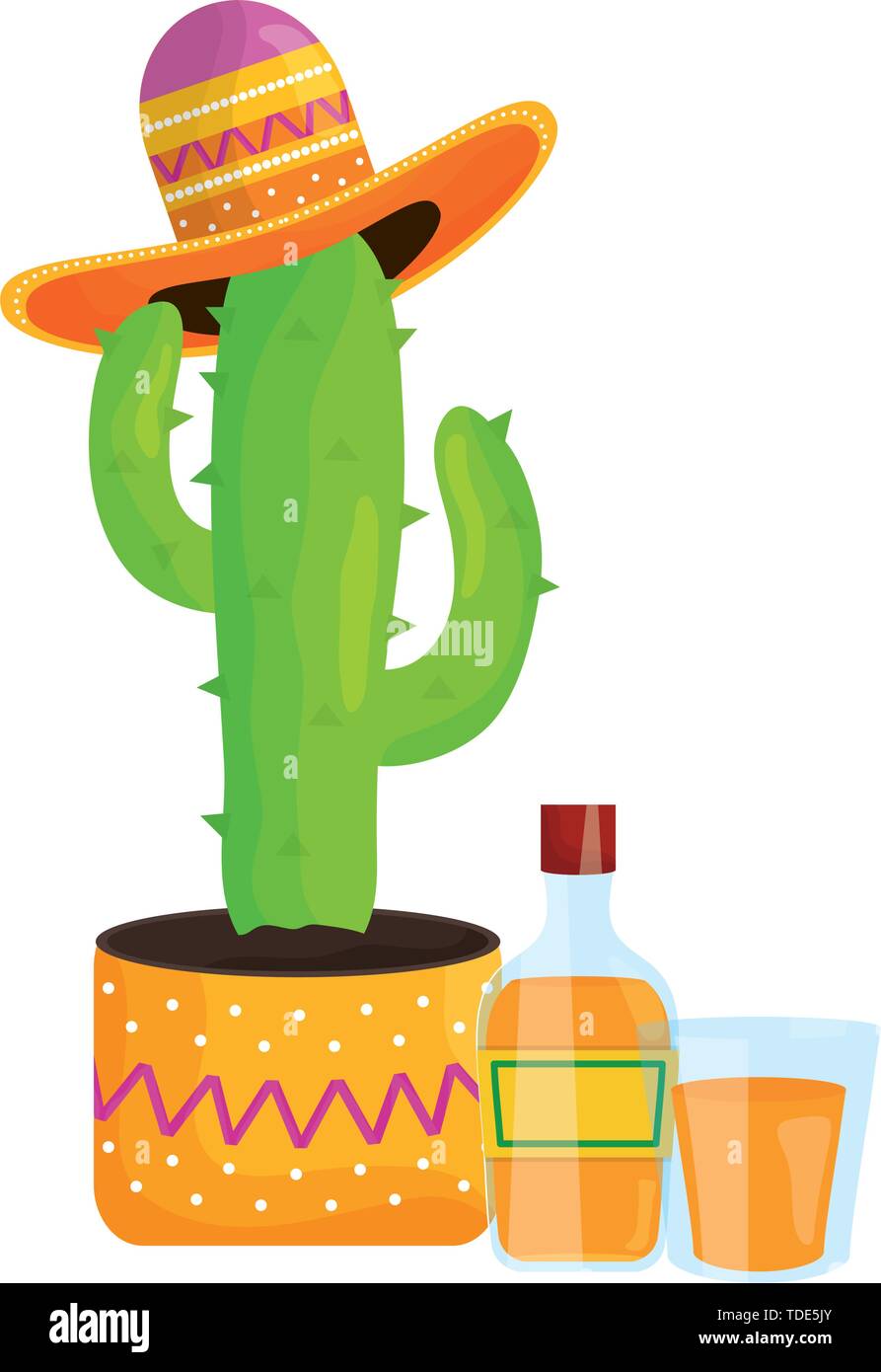 cactus plant with mexican hat and tequila vector illustration design