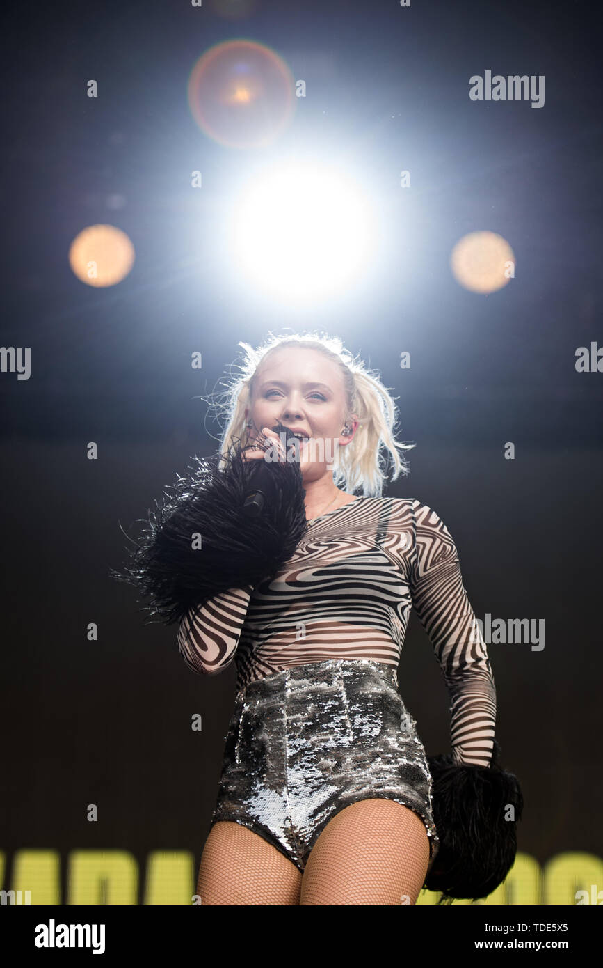 Florence, Italy. 14th June, 2019. The Swedish singer Zara Larsson  performing live on stage at the Florence Rocks festival 2019 in Florence,  Italy, opening for Ed Sheeran. Credit: Alessandro Bosio/Pacific Press/Alamy  Live