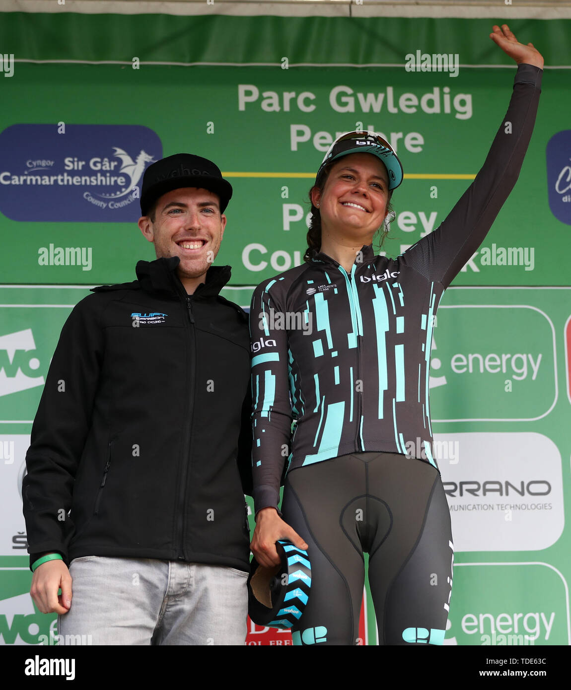 Wahooligan Combativity Award for most combative rider after stage six Bigla Pro Cycling's Leah Thomas during stage six of the OVO Energy Women's Tour. Stock Photo
