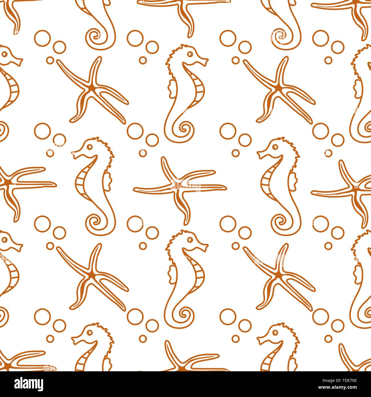 Vector seamless pattern with sea horses, starfish and bubbles. Marine ...