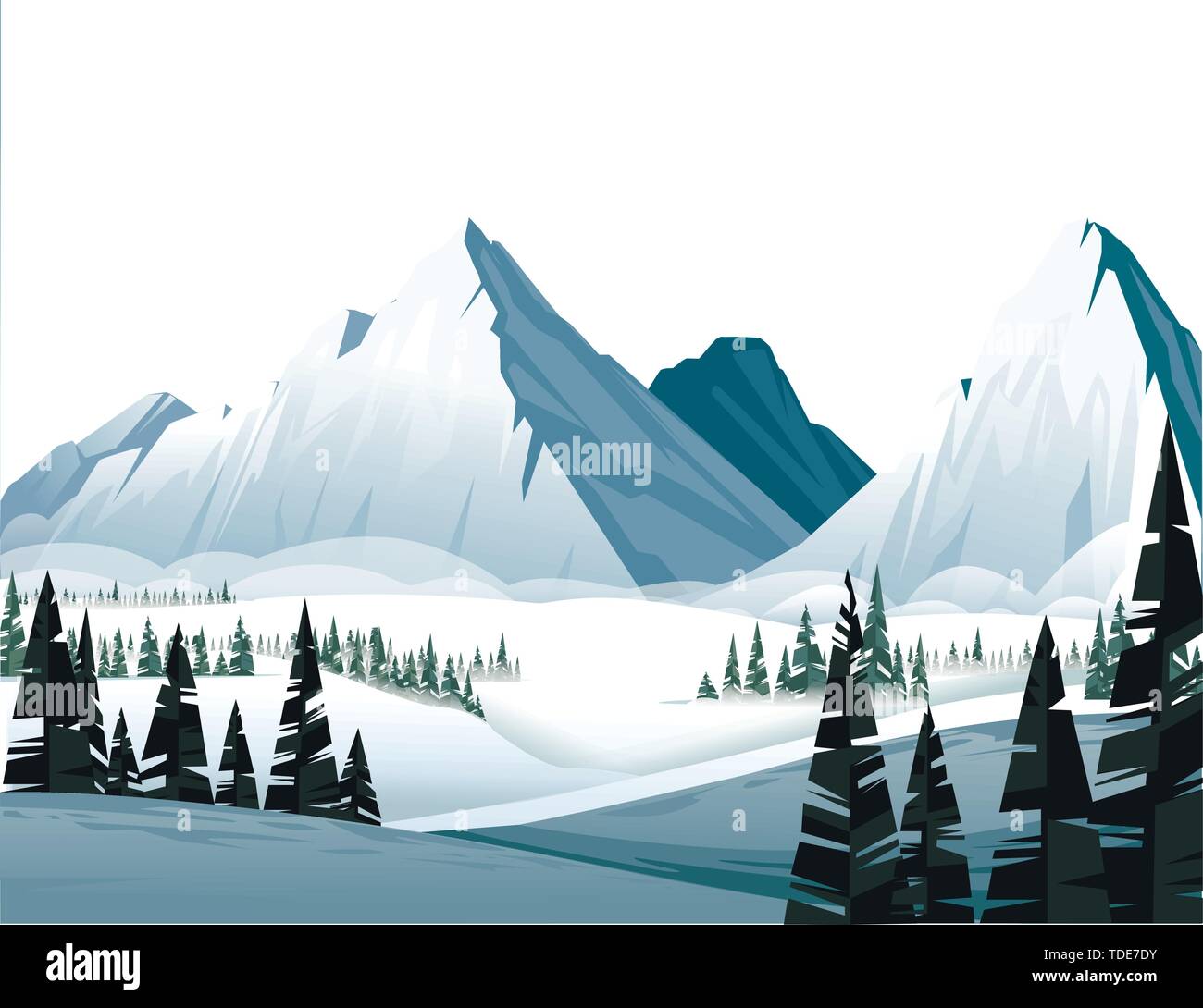 High mountains in winter with evergreen coniferous forest flat vector ...