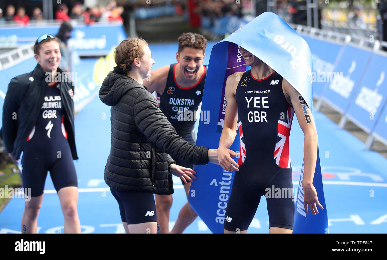 Great Britain's Alex Yee (right) celebrates with teammates after