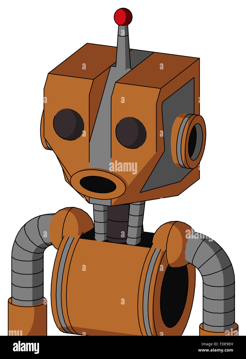 Portrait style orange robot with mechanical head and round mouth and two  eyes and single led antenna Stock Photo - Alamy