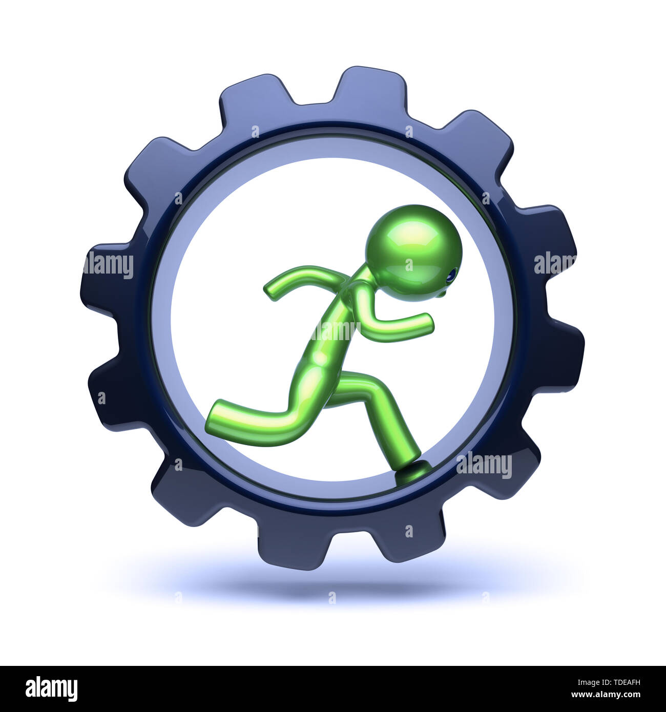 Gear wheel man green stylized inside, running character, cartoon guy human rotate cogwheel as hamster, person worker, gearwheel work, businessman conc Stock Photo