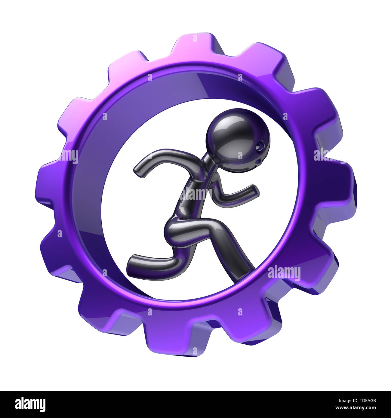 Man character inside purple gearwheel, running businessman rotate cogwheel, stylized black human cartoon guy hamster person, gear wheel employment har Stock Photo