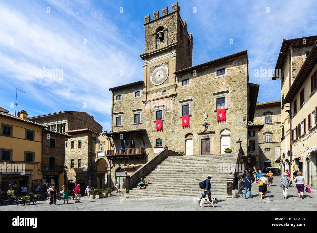 The main square of Cortona historic center dominated by town hall
