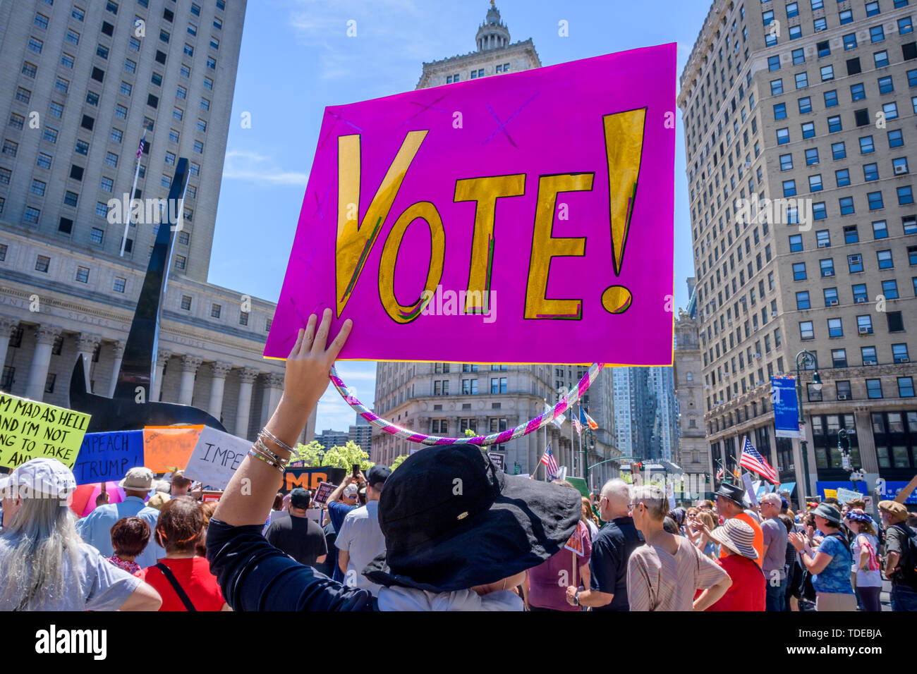 New York, USA. 15th June, 2019. Concerned Americans in New York City joined The New York City Coalition to Impeach Donald Trump on a nationwide day of action calling for an impeachment inquiry on June 15, 2019 at Foley Square. Similar events took place in more than 130  cities and towns around the country, to demonstrate public outrage at Trump and pressure on Congress to act. Credit: Erik McGregor/Pacific Press/Alamy Live News Stock Photo