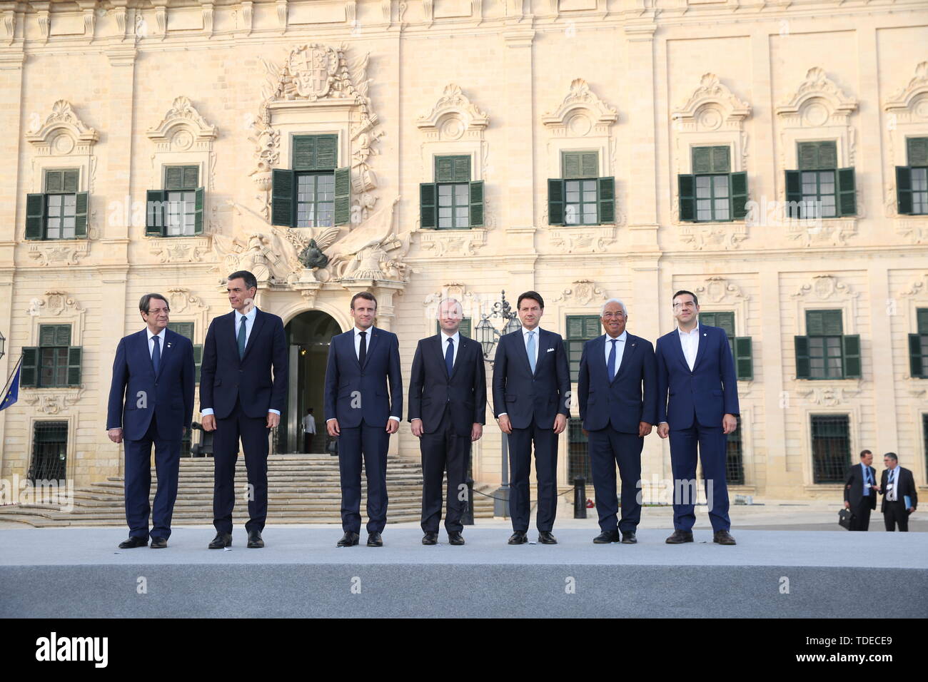 (190615) -- VALLETTA, June 15, 2019 (Xinhua) -- Greek Prime Minister Alexis Tsipras, Portuguese Prime Minister Antonio Costa, Italian Prime Minister Giuseppe Conte, Maltese Prime Minister Joseph Muscat, French President Emmanuel Macron, Spanish Prime Minister Pedro Sanchez and Cypriot President Nicos Anastasiades(from R to L) attend a summit of the Southern EU Member States in Valletta, capital of Malta, on June 14, 2019. Seven leaders of Southern EU Member States met in Malta on Friday where they discussed issues of common concern ranging from migration to climate change and the EU budget. ( Stock Photo