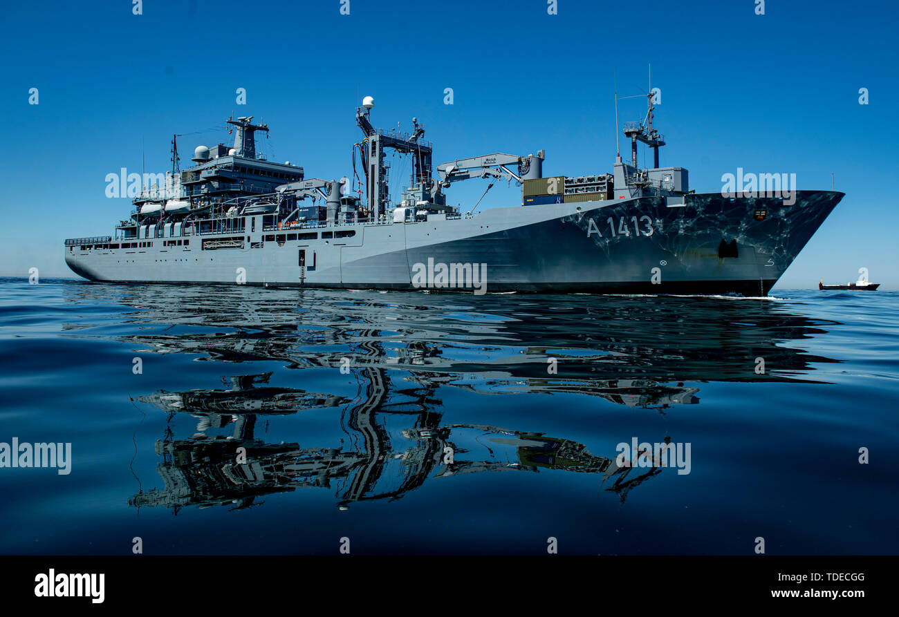 Bornholm, Denmark. 14th June, 2019. The task force supplier 'Bonn' travels across the Baltic Sea near the Danish island of Bornholm. The ship of the German Navy takes part in the Nato manoeuvre 'Baltops' on the Baltic Sea. Credit: Axel Heimken/dpa/Alamy Live News Stock Photo