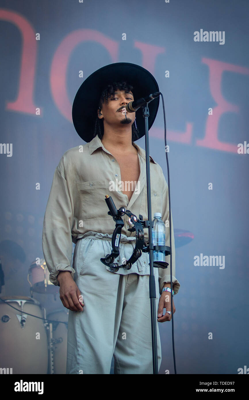 Oslo, Norway. 14th June, 2019. Oslo, Norway - June 14, 2019. The British band and music collective Jungle performs a live concert during the Norwegian music festival Piknik i Parken 2019 in Oslo. (Photo Credit: Gonzales Photo/Alamy Live News Stock Photo