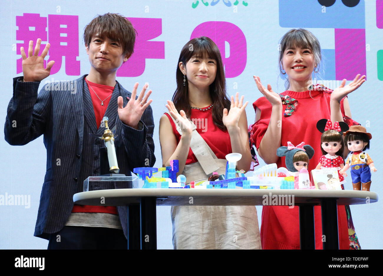 Tokyo, Japan. 14th June, 2019. (L-R) Japanese actor Taiyo Sugiura, TV personalities Yuko Ogura and Anna Sumitani pose for photo after their talk show at the annual International Tokyo Toy Show in Tokyo on Friday, June 14, 2019. Some 160,000 people are expecting to visit a four-day toy trade show which displays 35,000 latest toys from 40 countries. Credit: Yoshio Tsunoda/AFLO/Alamy Live News Stock Photo