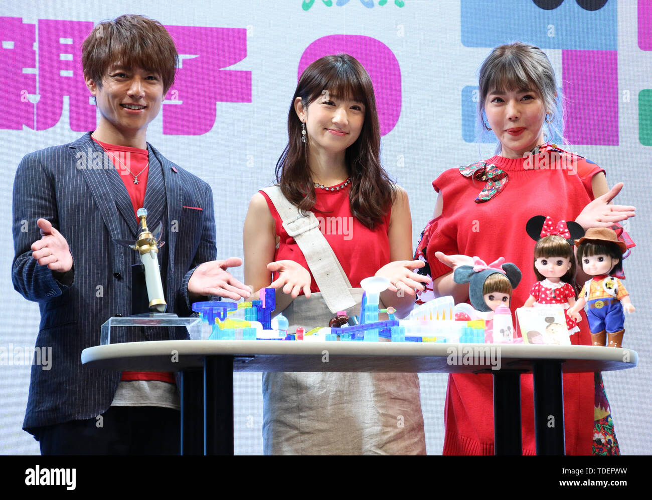 Tokyo, Japan. 14th June, 2019. (L-R) Japanese actor Taiyo Sugiura, TV personalities Yuko Ogura and Anna Sumitani pose for photo after their talk show at the annual International Tokyo Toy Show in Tokyo on Friday, June 14, 2019. Some 160,000 people are expecting to visit a four-day toy trade show which displays 35,000 latest toys from 40 countries. Credit: Yoshio Tsunoda/AFLO/Alamy Live News Stock Photo