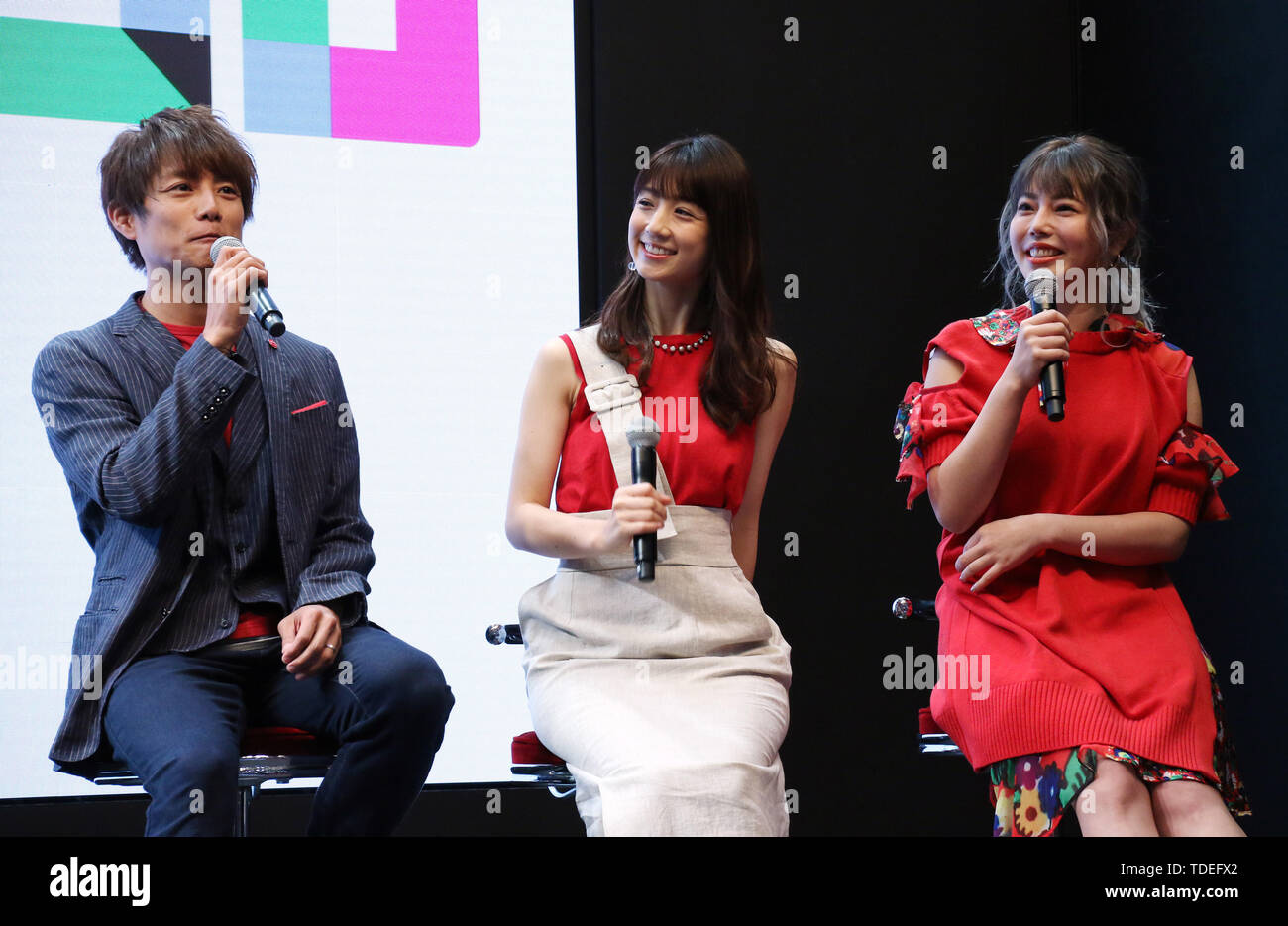 Tokyo, Japan. 14th June, 2019. (L-R) Japanese actor Taiyo Sugiura, TV personalities Yuko Ogura and Anna Sumitani hold a talk show at the annual International Tokyo Toy Show in Tokyo on Friday, June 14, 2019. Some 160,000 people are expecting to visit a four-day toy trade show which displays 35,000 latest toys from 40 countries. Credit: Yoshio Tsunoda/AFLO/Alamy Live News Stock Photo