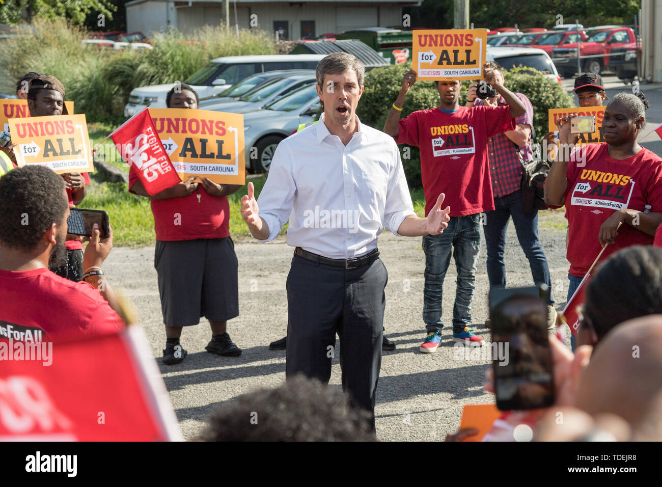 Charleston, United States. 15th June, 2019. Democratic presidential hopeful Beto O'Rourke joins McDonals workers in a one day strike as part of the Fight for $15 dollar minimum wage effort by a consortium of trade unions June 15, 2019 in Charleston, South Carolina. Credit: Planetpix/Alamy Live News Stock Photo